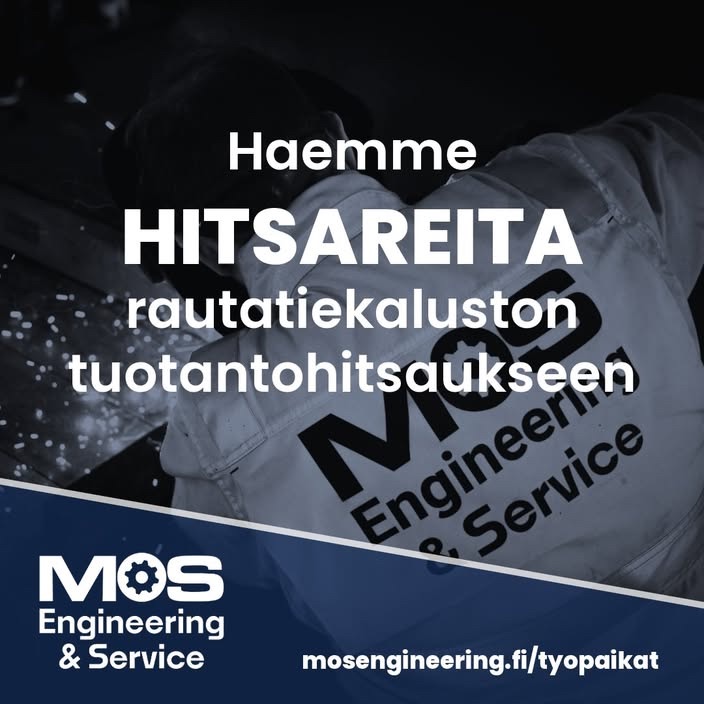 Rekrykampanjan mainoskuva: hitsari työssään ja teksti Haemme hitsareita rautatiekaluston tuotantohitsaukseen.
